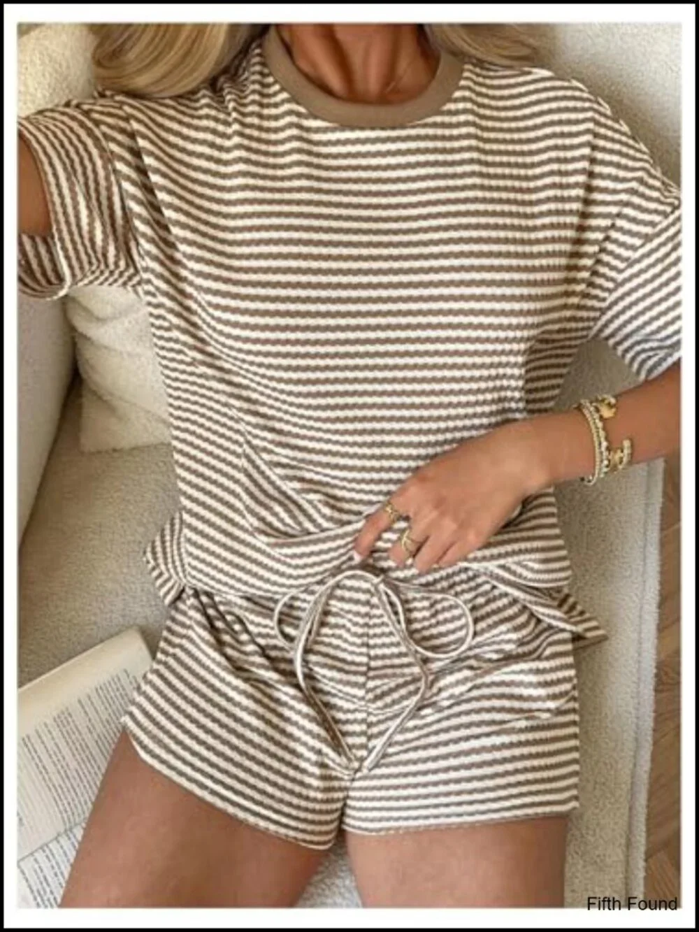 Women's Striped Lounge Set Short Sleeve Matching Shorts Set